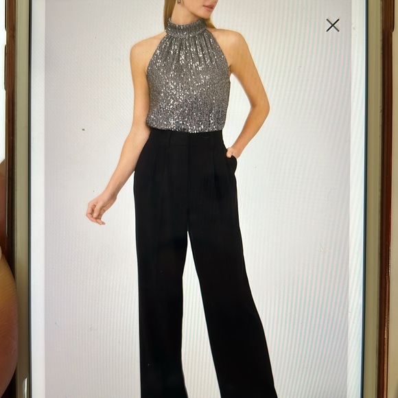 HALOGEN smocked pearl gray sequin high neck women’s holiday top. Size Medium. - Picture 4 of 11